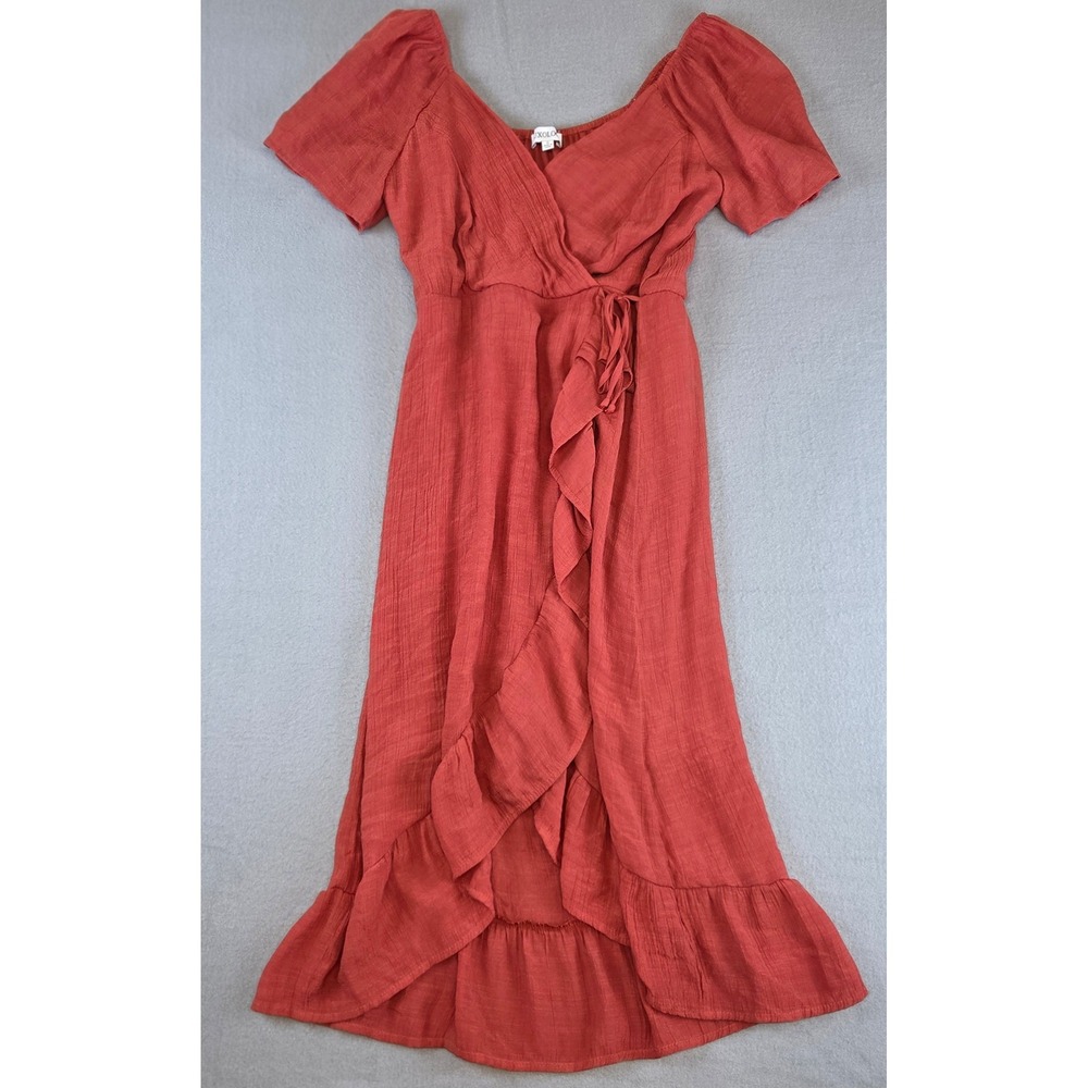 Womens Rust Orange Faux Wrap Ruffle Dress Small Peasant Cottagecore Boho Cowgirl